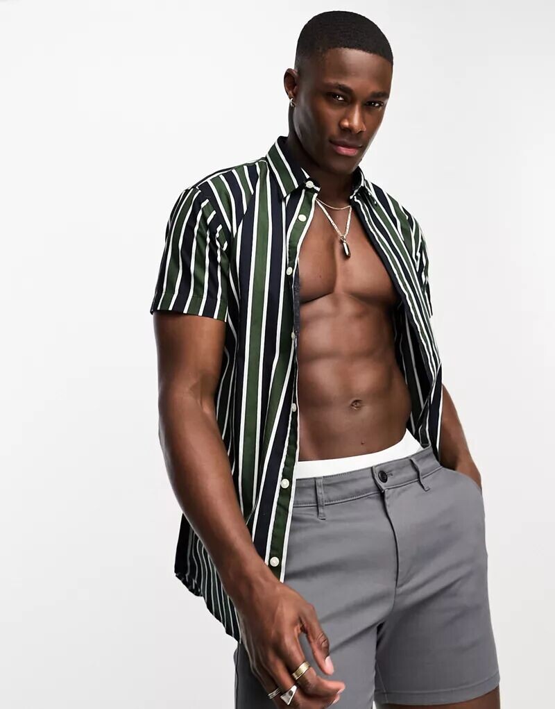 

Темно-зеленая рубашка с короткими рукавами и широкими полосками Jack & Jones Originals