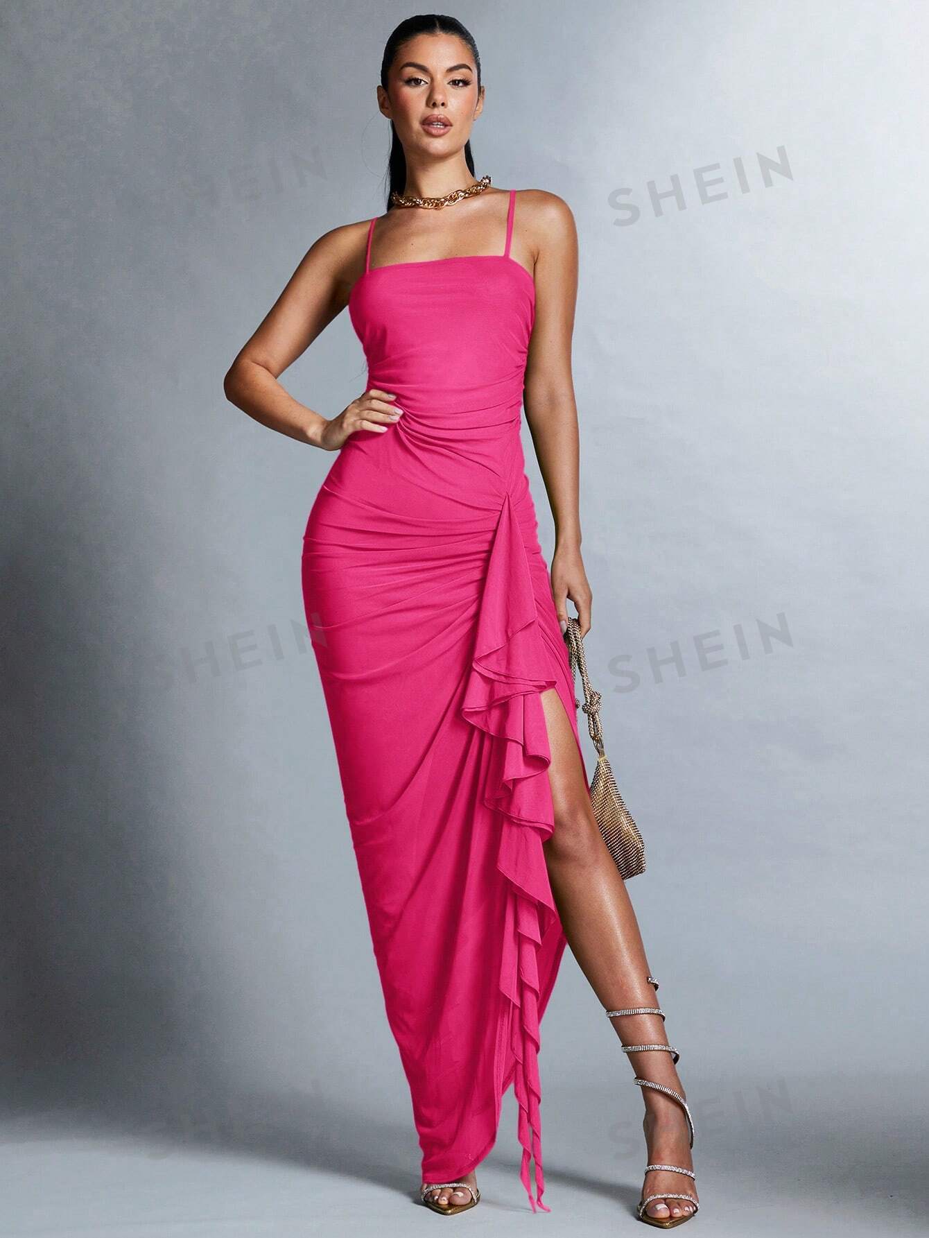 SHEIN BAE Женское однотонное плиссированное платье с воротником-халтер, ярко-розовый