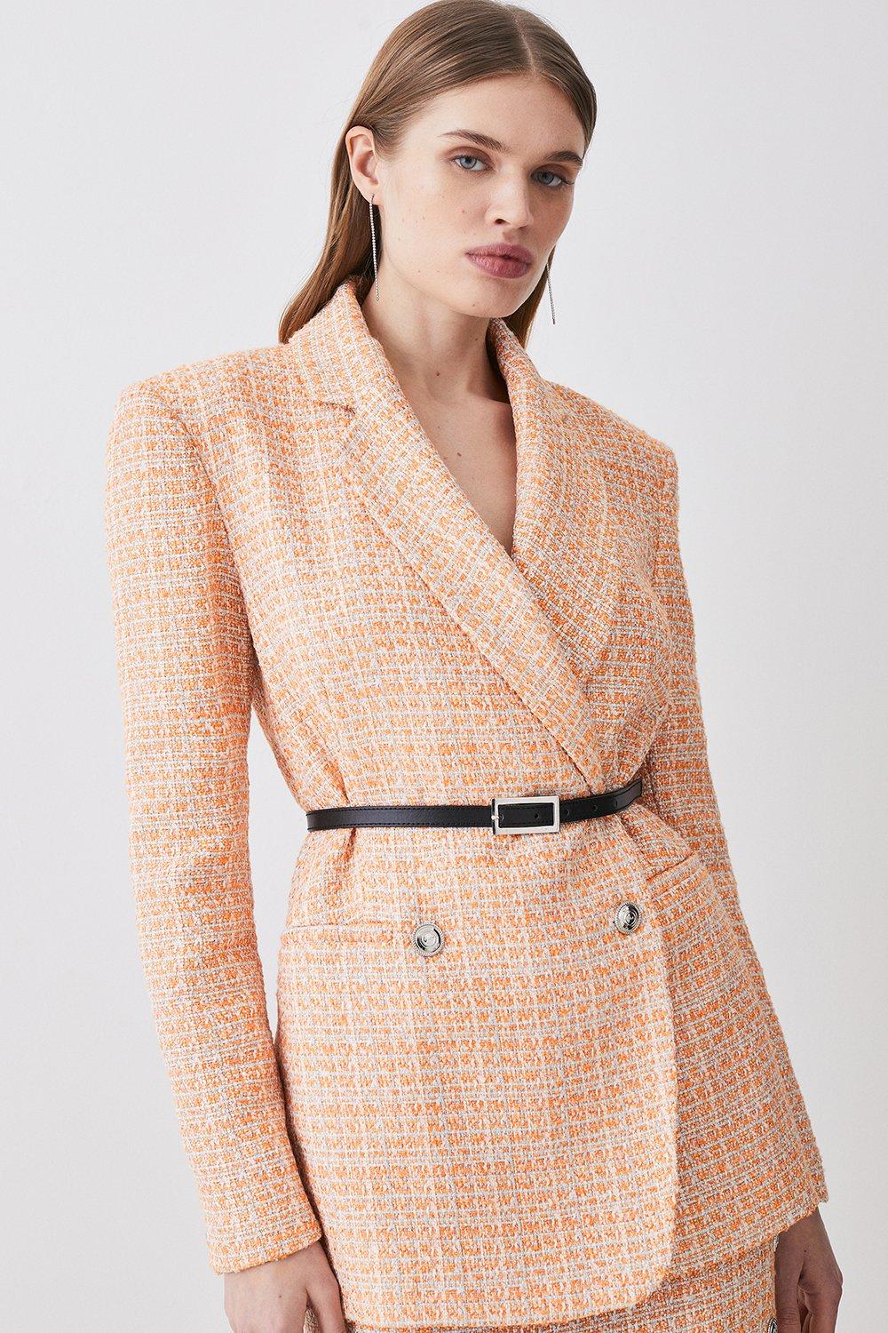 Твидовый двубортный пиджак оверсайз с поясом Karen Millen, оранжевый