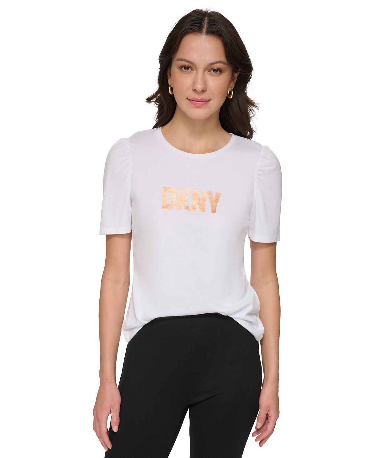 

Женская футболка с пышными рукавами из золотой фольги DKNY, белый