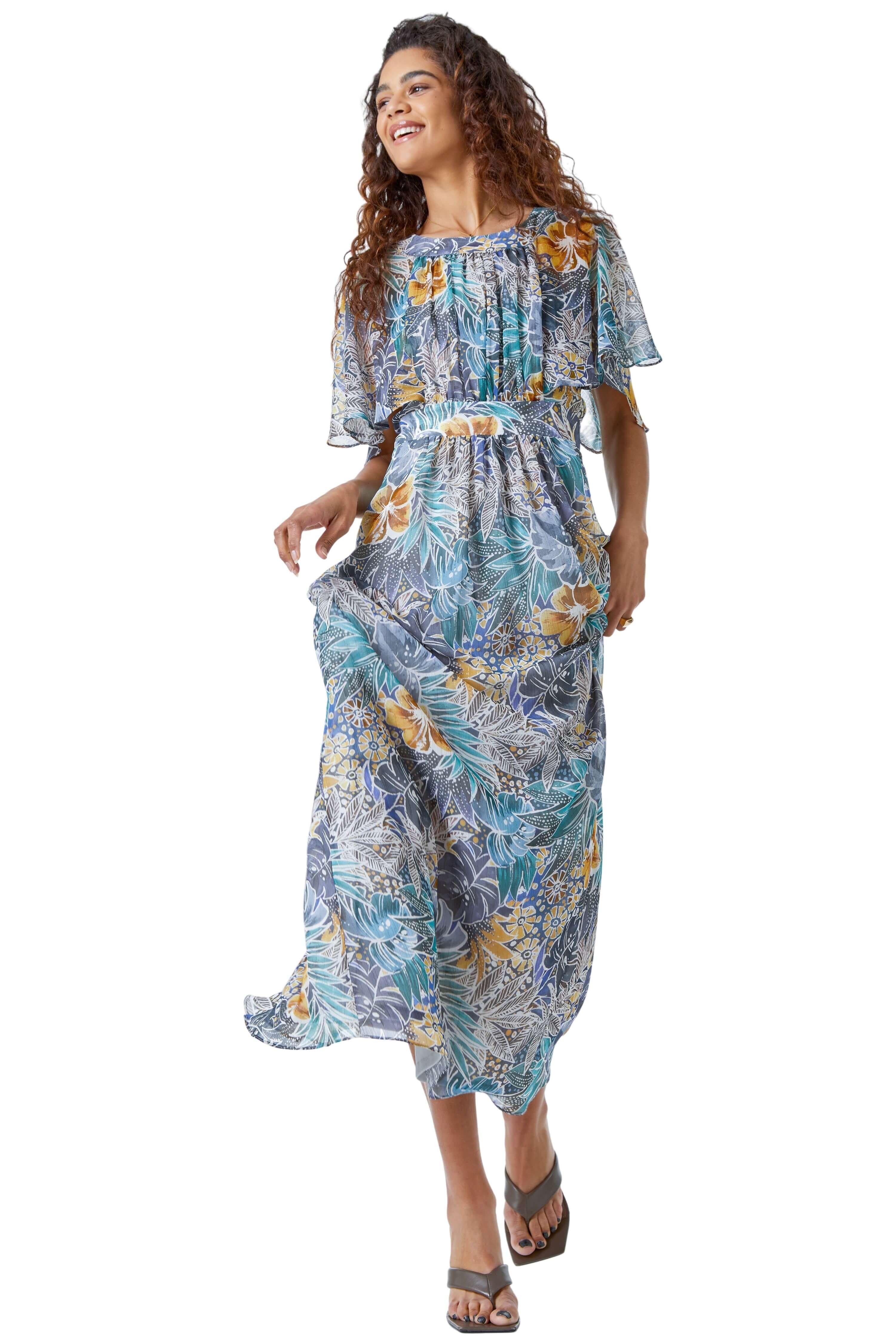 Платье макси с рукавами ангела и тропическим принтом Roman, серый цена и фото