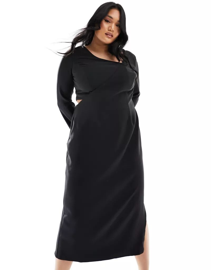 цена Черное платье длиной до икры с длинными рукавами Pretty Lavish Curve