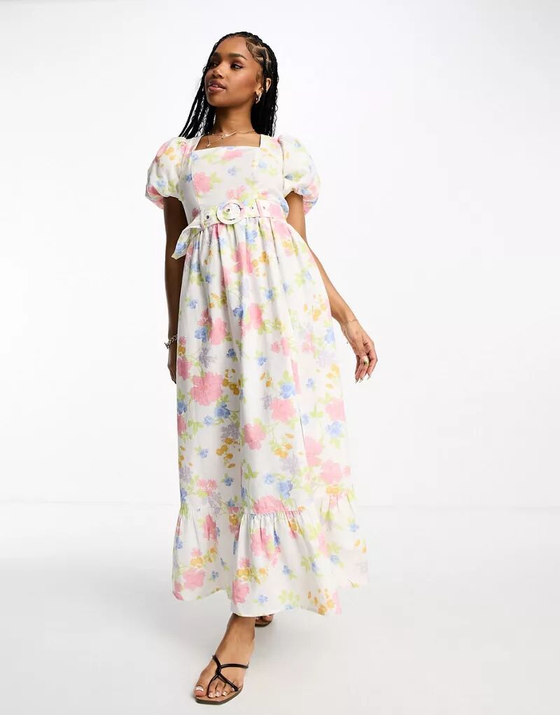Платье макси с поясом и льняным эффектом Miss Selfridge с цветочным принтом