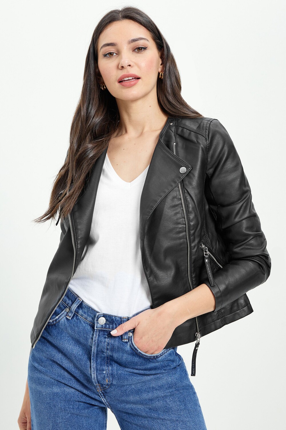 

Мотоциклетная куртка без воротника Vero Moda из искусственной кожи VERO MODA, черный