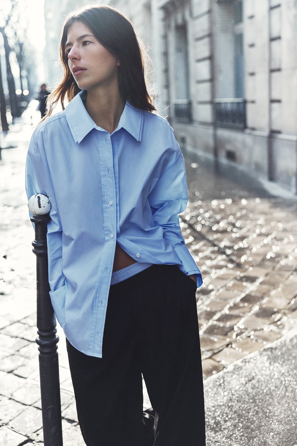 Рубашка из поплина со складками ZARA, голубое небо женский свободный костюм рубашка с принтом модная плиссированная рубашка с отложным воротником и длинными рукавами и широкие брюки компл