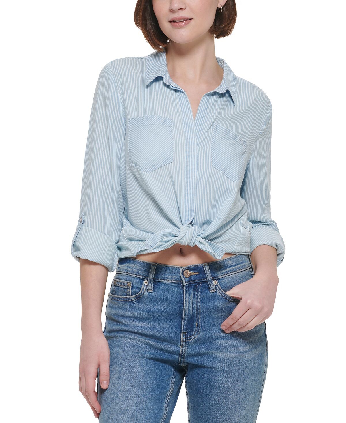 

Топ в полоску Petite с закругленными рукавами и пуговицами спереди Calvin Klein Jeans