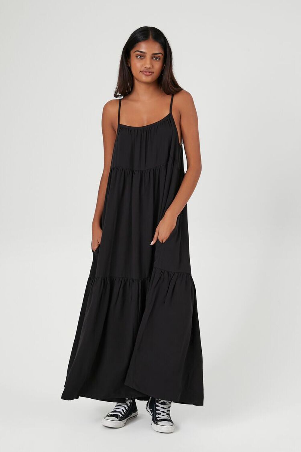 

Многоярусное платье миди из поплина Forever 21, черный