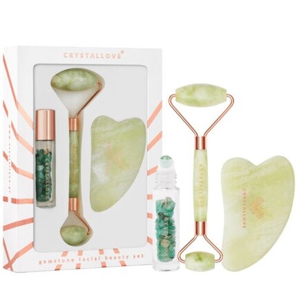 

Набор Jade Beauty: валик для лица, пластина Гуа Ша и шариковый флакон., Crystallove