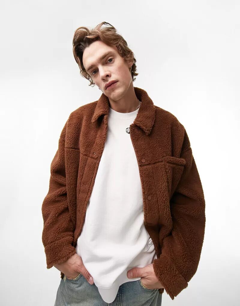 

Коричневая куртка Topman из полиэстера с плюшевым мехом и планкой на пуговицах