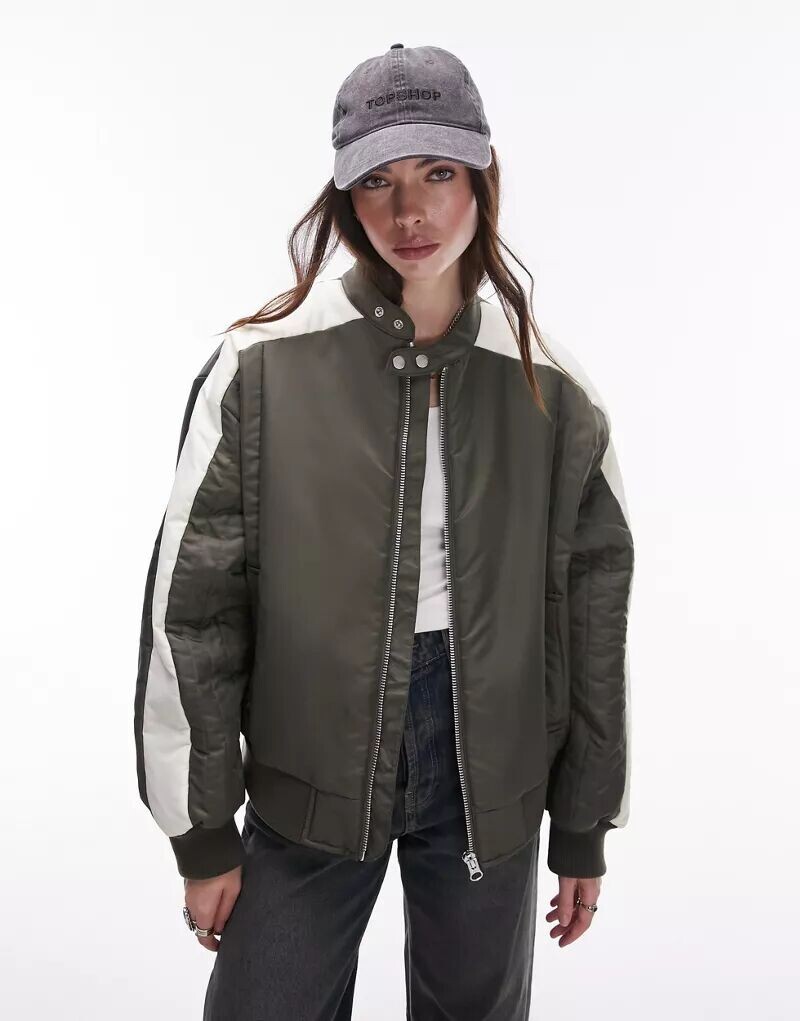 

Зеленый нейлоновый бомбер в мотоциклетном стиле Topshop