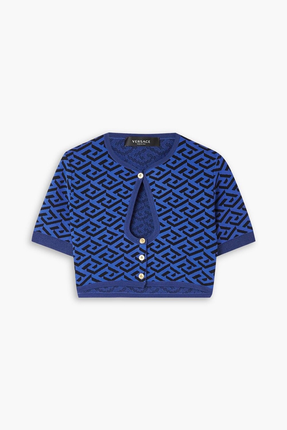 

Укороченный кардиган жаккардовой вязки с вырезами VERSACE, синий