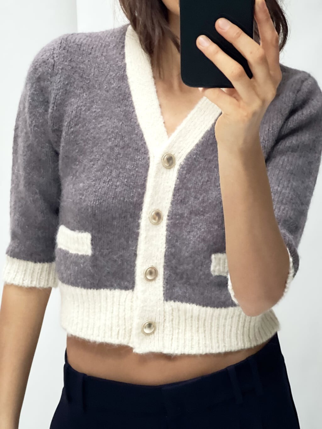

Вязаный кардиган с контрастной окантовкой ZARA, серый/бежевый