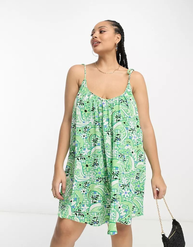 Зеленое платье-комбинация мини-трапеции с мозаичным принтом и ремешками ASOS DESIGN Curve