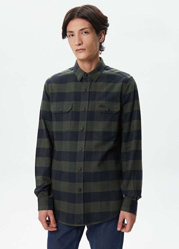 

Мужская рубашка в клетку цвета хаки slim fit Lacoste