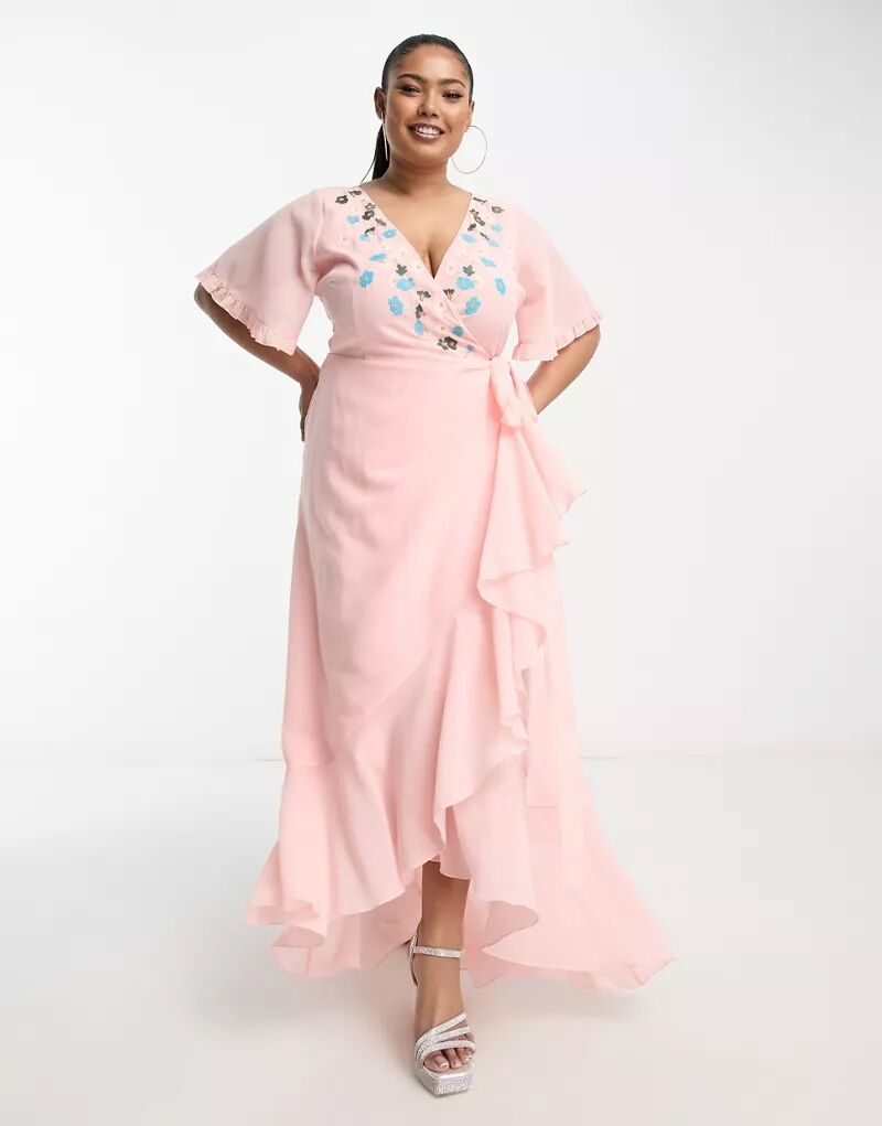 Приглушенно-розовое платье средней длины с запахом и вышивкой Maya