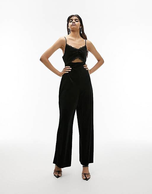 

Черный бархатный кружевной комбинезон Topshop