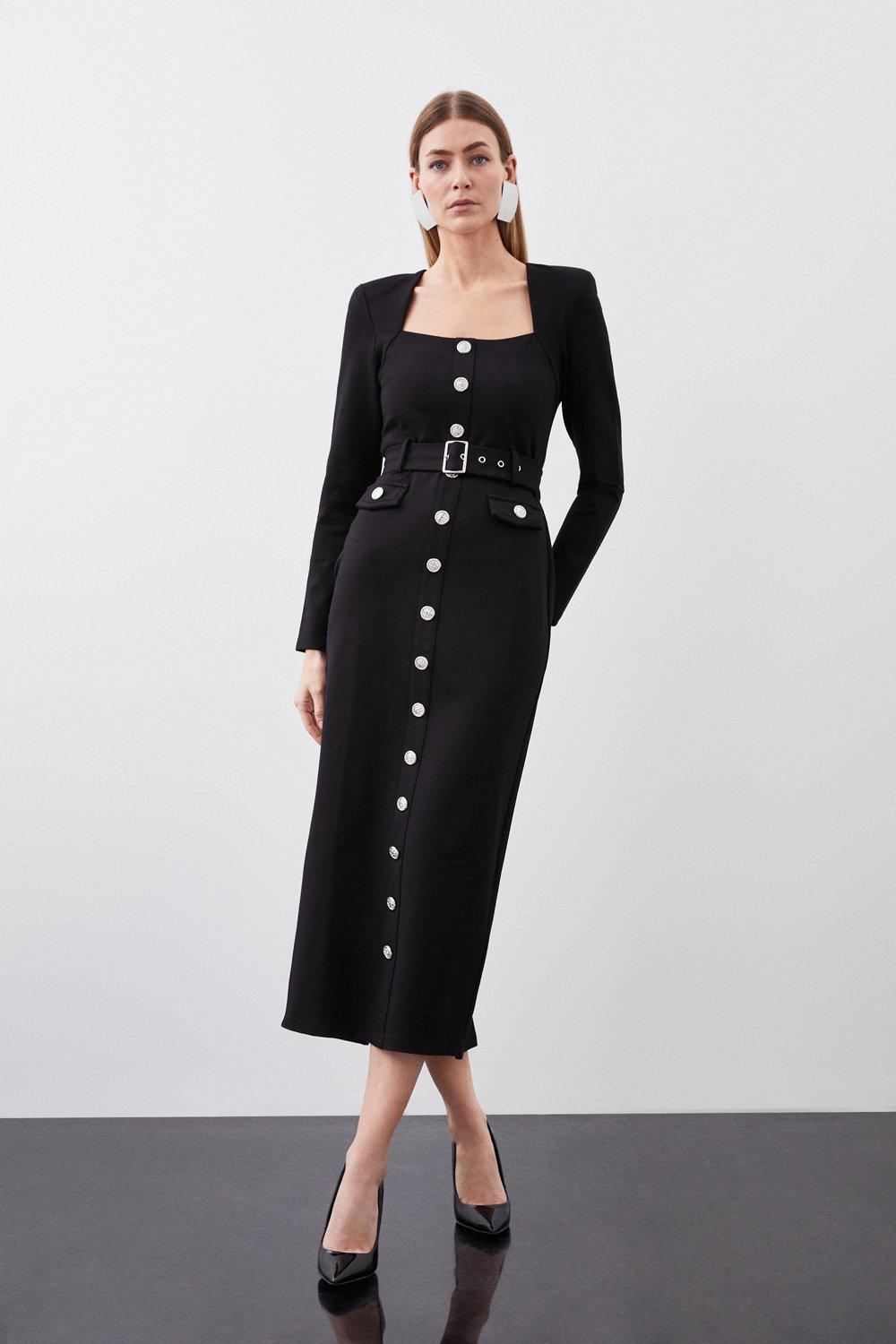 Платье макси из джерси с длинными рукавами из жесткого материала со спиной Ponte Diamante Karen Millen, черный