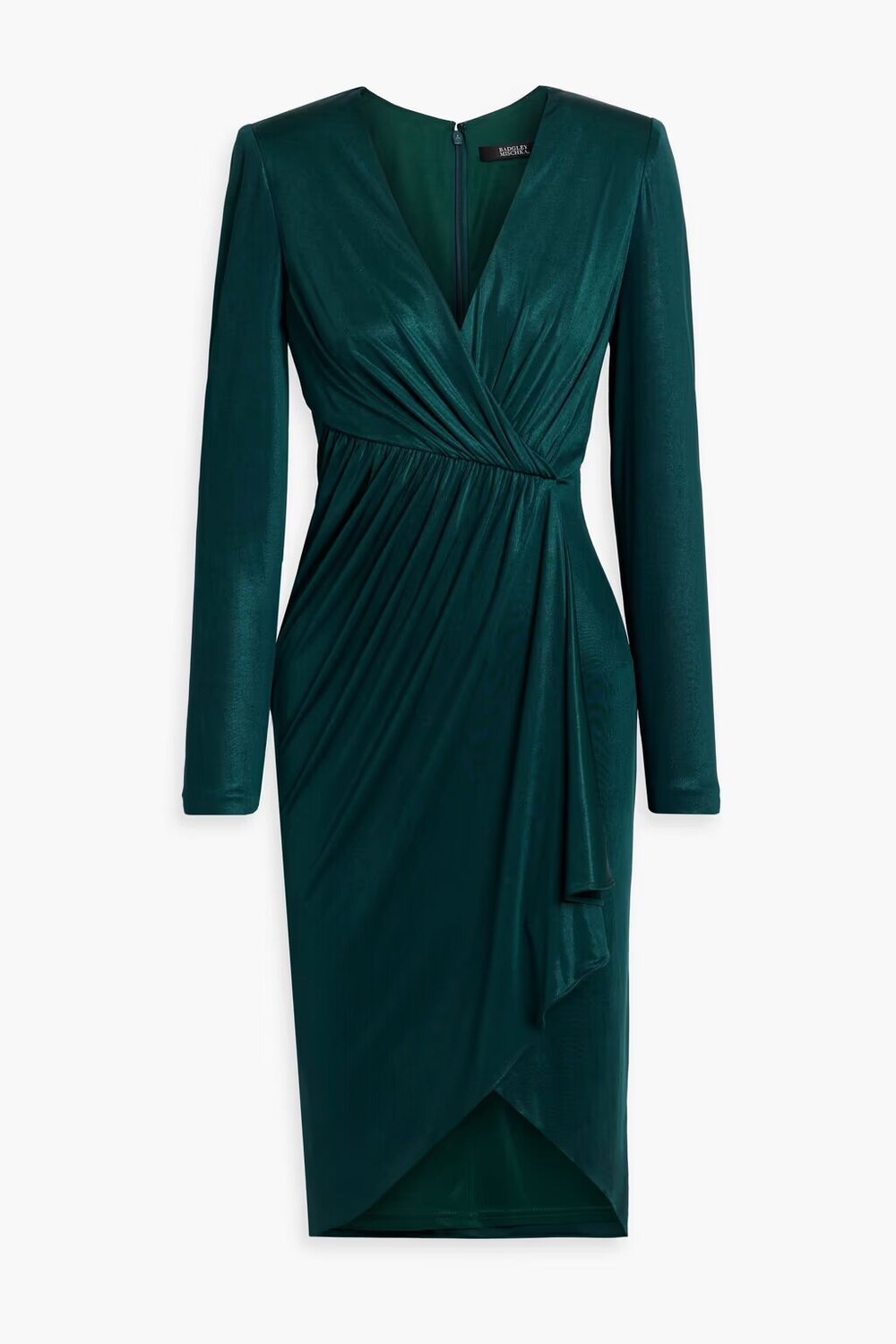 

Платье из атласного джерси с запахом и драпировкой Badgley Mischka, изумруд