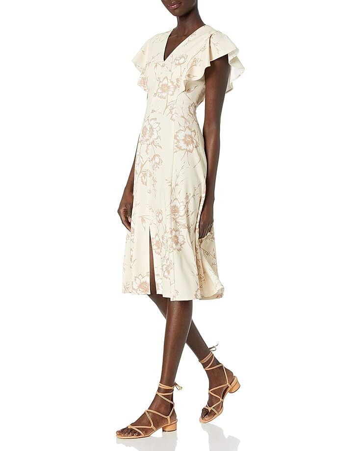 

Платье Calvin Klein Women's Flutter Sleeve V-Neck Midi with Button Front, цвет Wheat Multi
