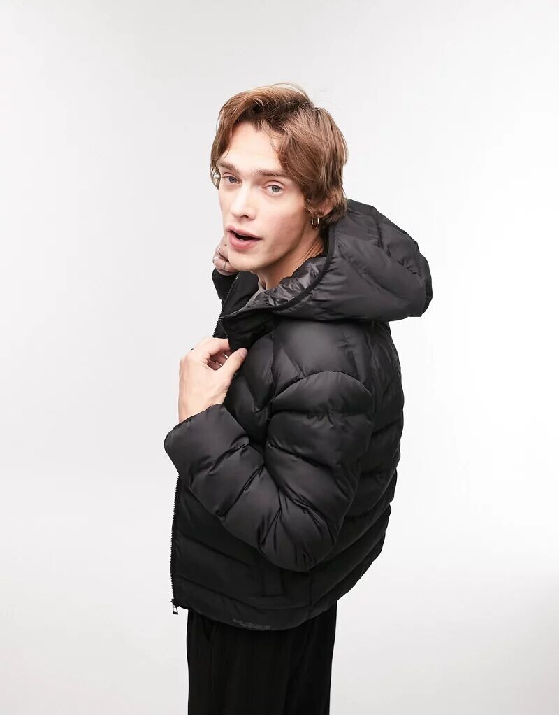 

Черная дутая куртка с капюшоном Topman