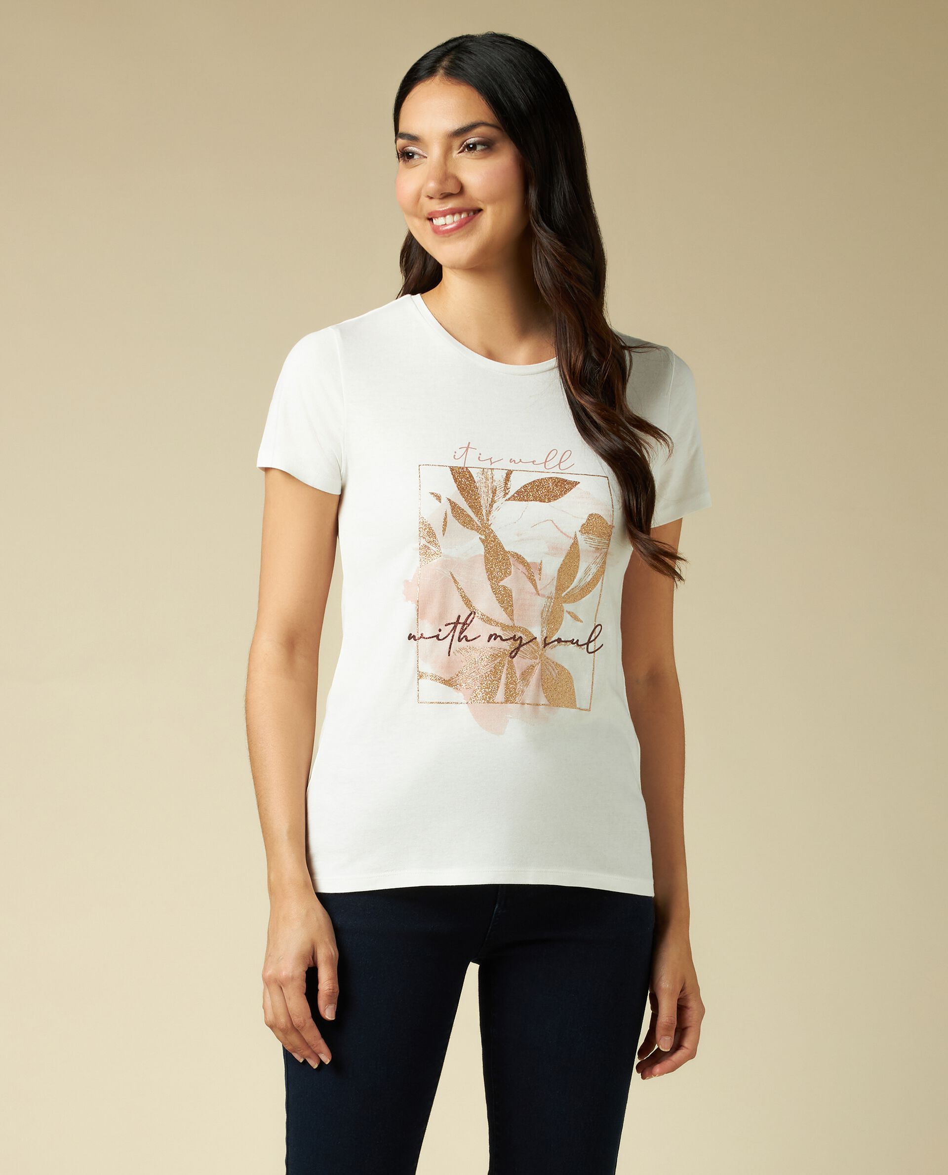 Женская футболка из чистого хлопка с блестящим принтом Iwie, белый принт
