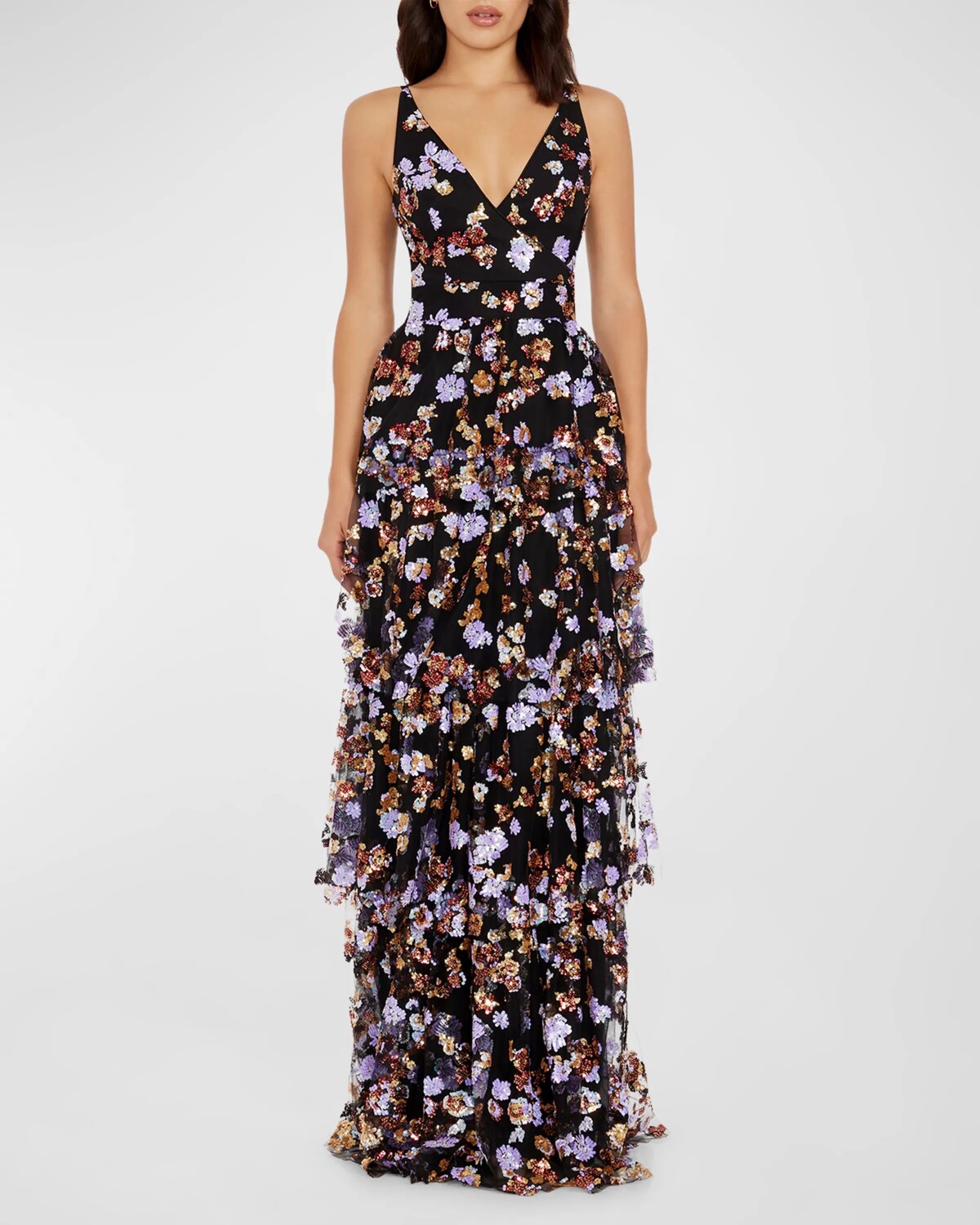 

Lorain Ярусное платье с оборками и цветочным принтом и пайетками Dress The Population Black Label, цвет Black Multi