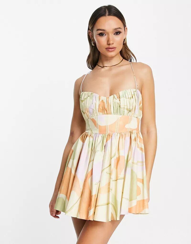 

Бальное платье мини из фактурного хлопка с корсетом и принтом ASOS