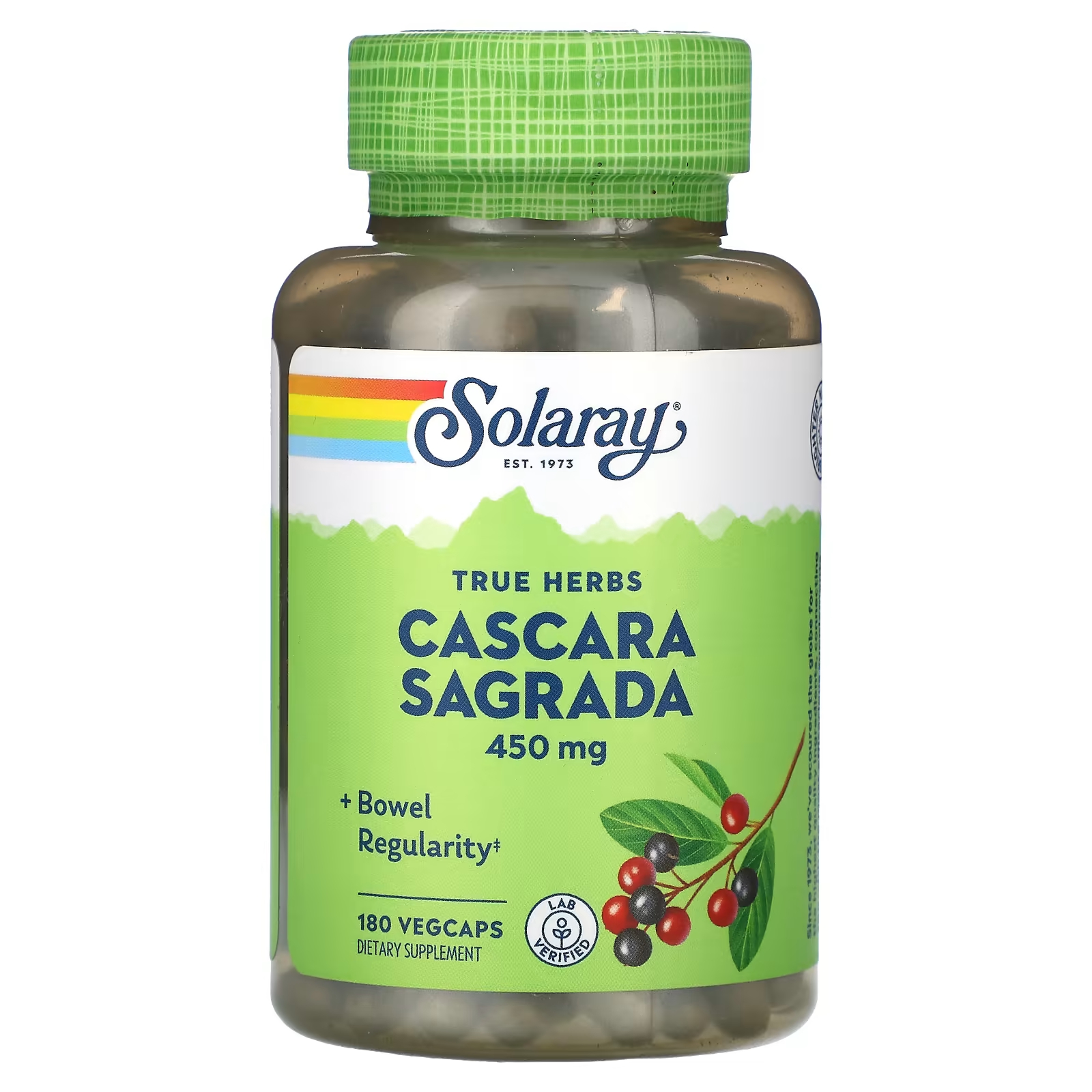 Solaray Cascara Sagrada True Herbs 450 мг 180 растительных капсул solaray true herbs валериана 470 мг 180 растительных капсул