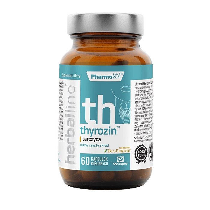 Препарат, поддерживающий функцию щитовидной железы Pharmovit Thyrozin Tarczyca, 60 шт таурин elivica 1200 мг в капсулах 150 шт