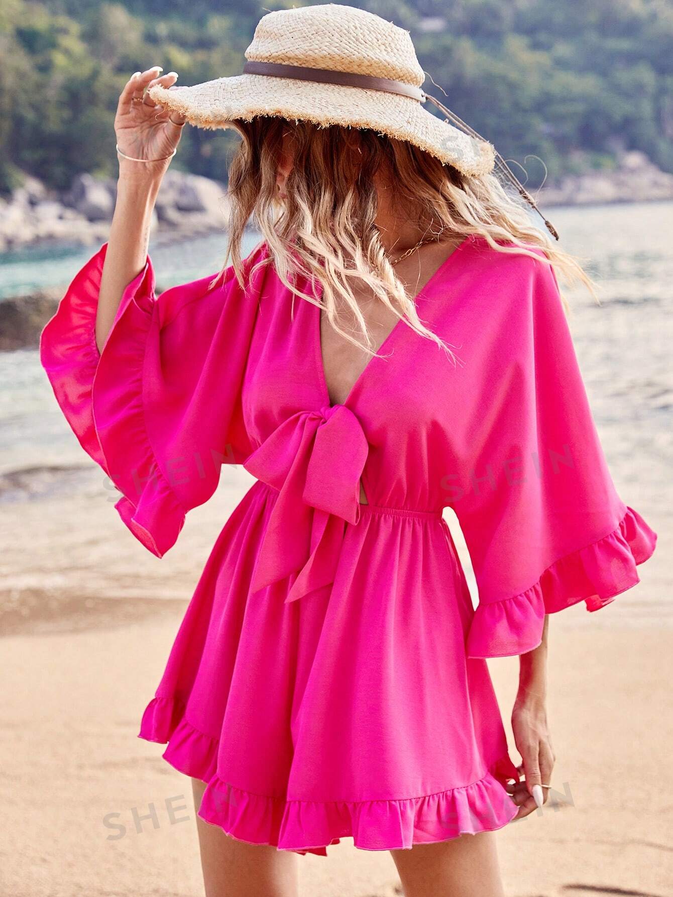 SHEIN VCAY Holiday однотонный комбинезон с рукавами «летучая мышь», ярко-розовый летние наряды
