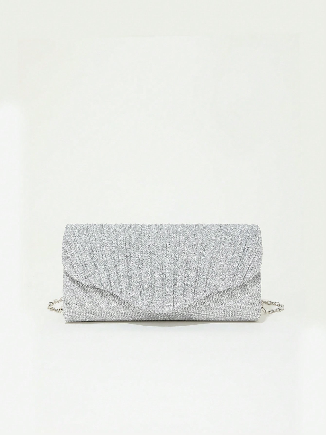 Мини-сумка-конверт с гламурной плиссированной деталью и цепочкой с блестками, серебро фотографии