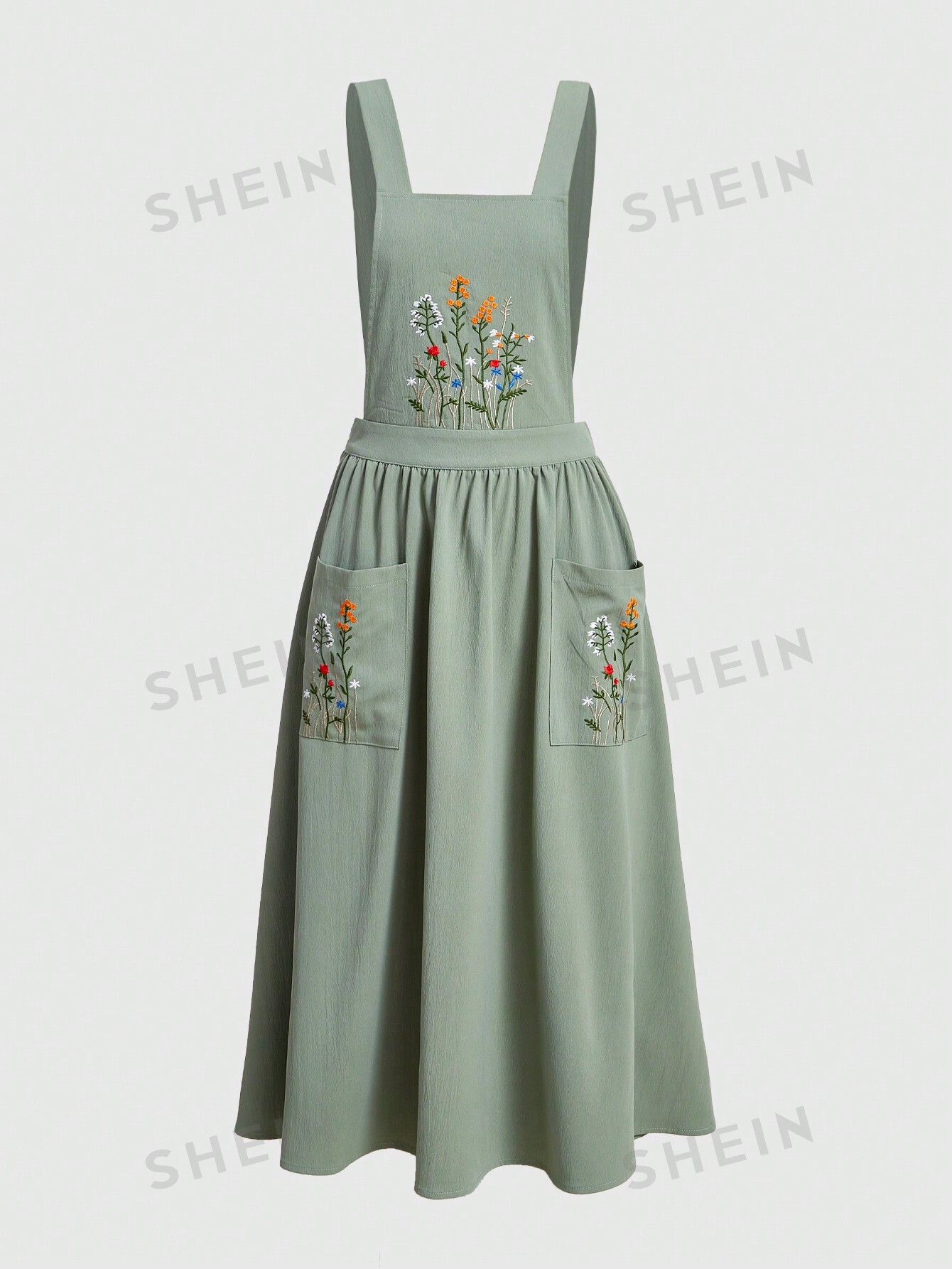 ROMWE Платье на подтяжках с двумя карманами и цветочной вышивкой Fairycore, мятно-зеленый