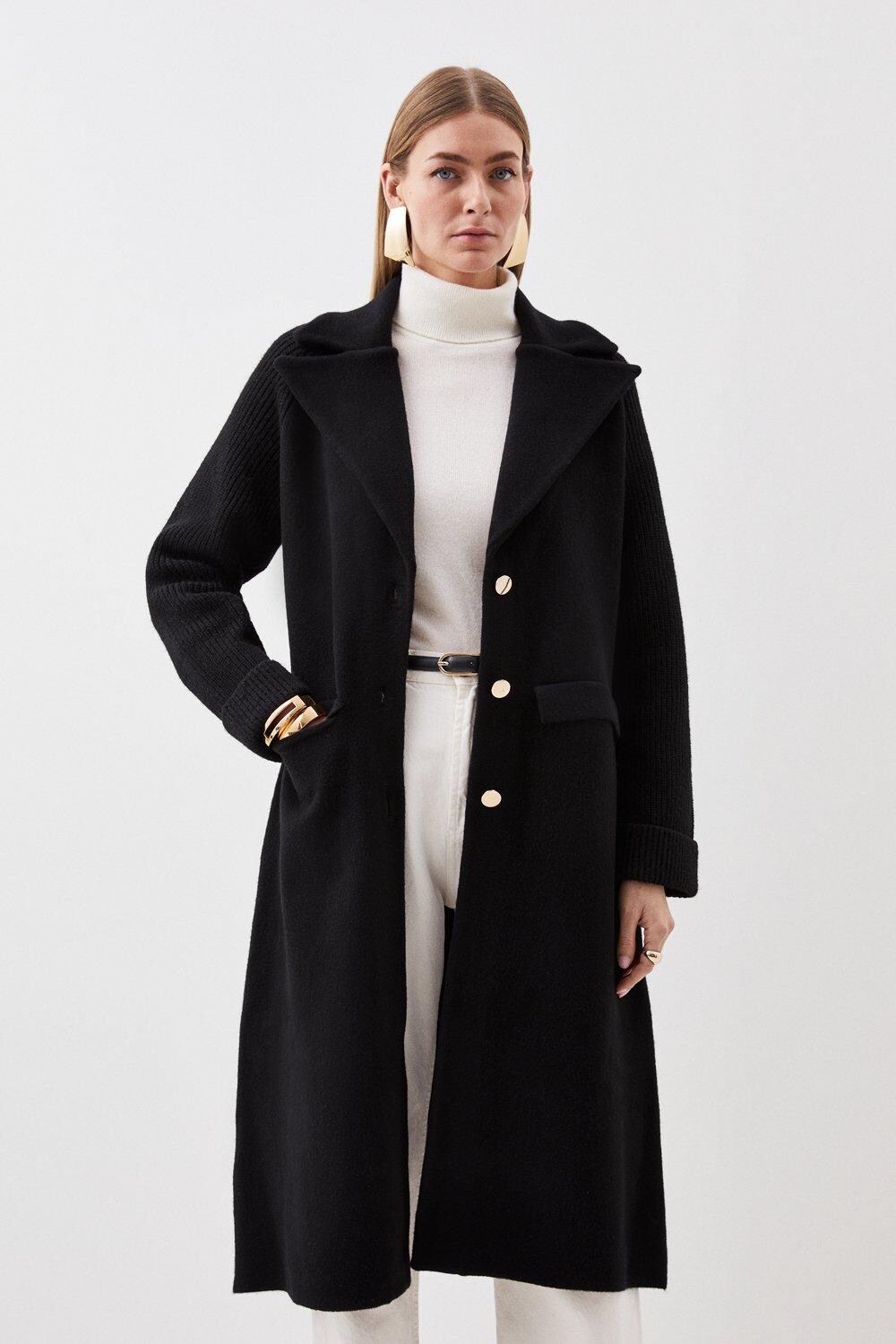 

Компактное вязаное пальто с рукавами из смесовой шерсти Karen Millen, черный
