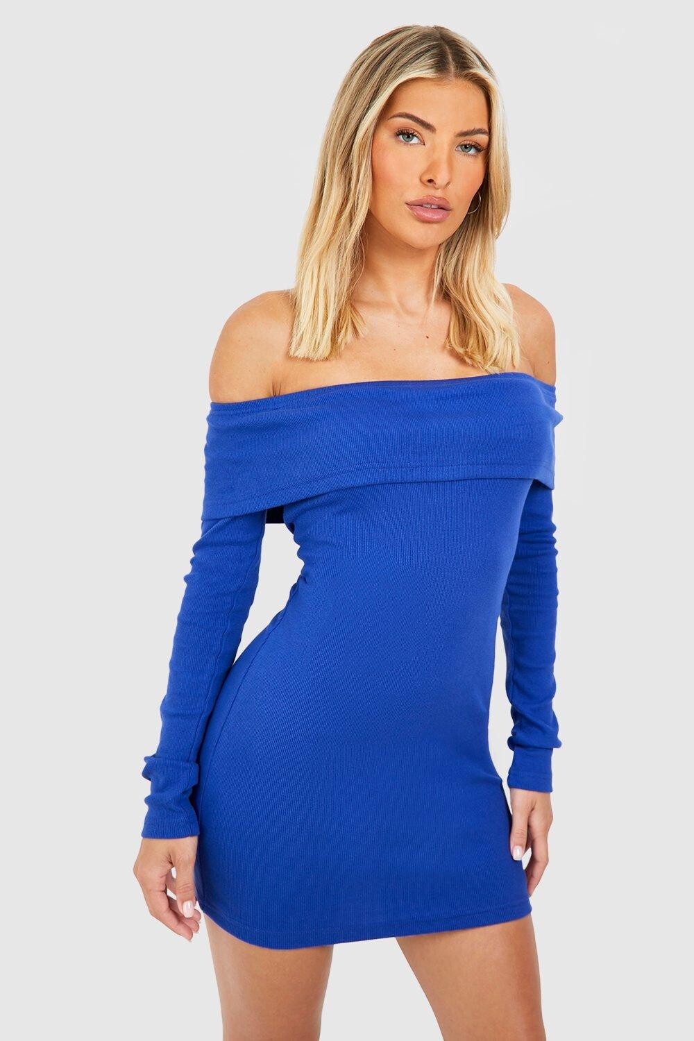 

Базовое облагающее платье с бардо Boohoo, кобальтовый