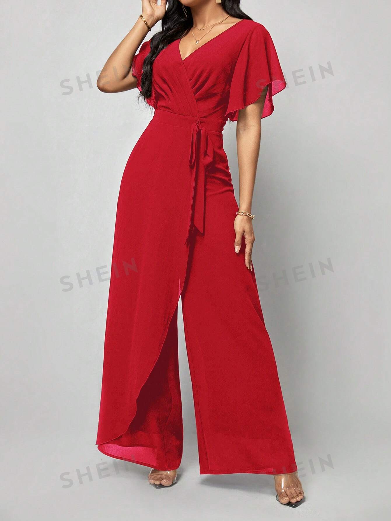 shein ezwear женский комбинезон с широкими штанинами и изогнутым вырезом черный SHEIN Clasi Женский однотонный плиссированный комбинезон с запахом и завязывающимся поясом, красный