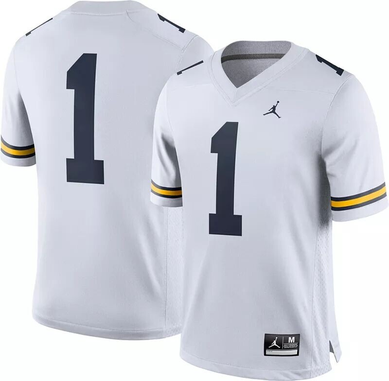 

Мужская белая футбольная майка Jordan Michigan Wolverines #1 Dri-FIT Game