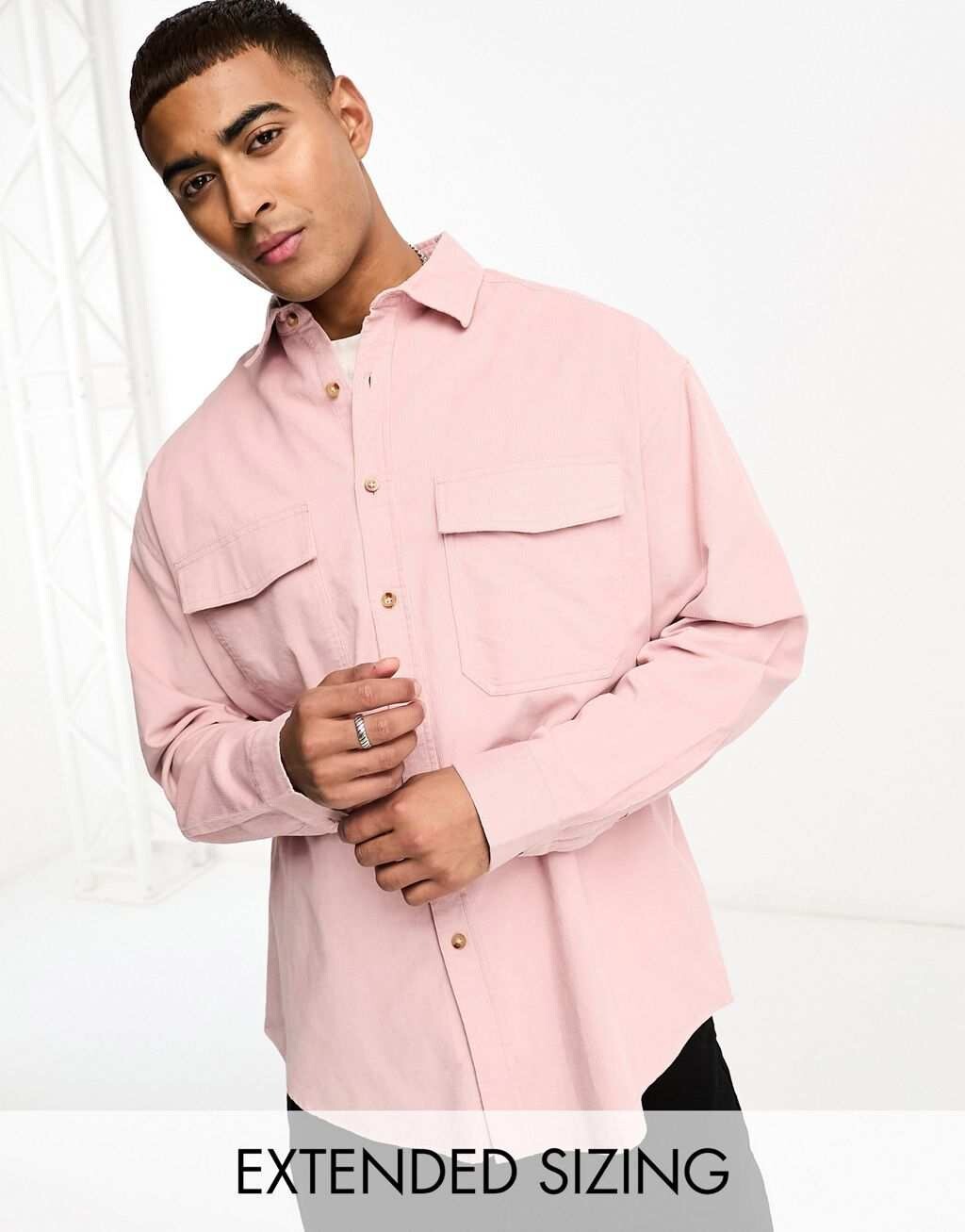 

Светло-розовая вельветовая рубашка оверсайз с двойными карманами ASOS DESIGN в стиле 90-х годов