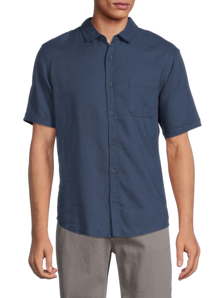 Рубашка на пуговицах с короткими рукавами из смесового льна Saks Fifth Avenue, темно-синий