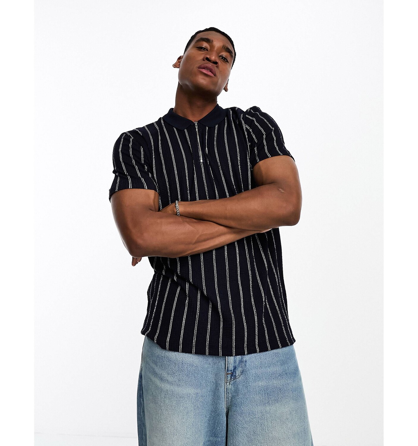 

Темно-синяя футболка-поло в белую полоску ASOS DESIGN, Синий