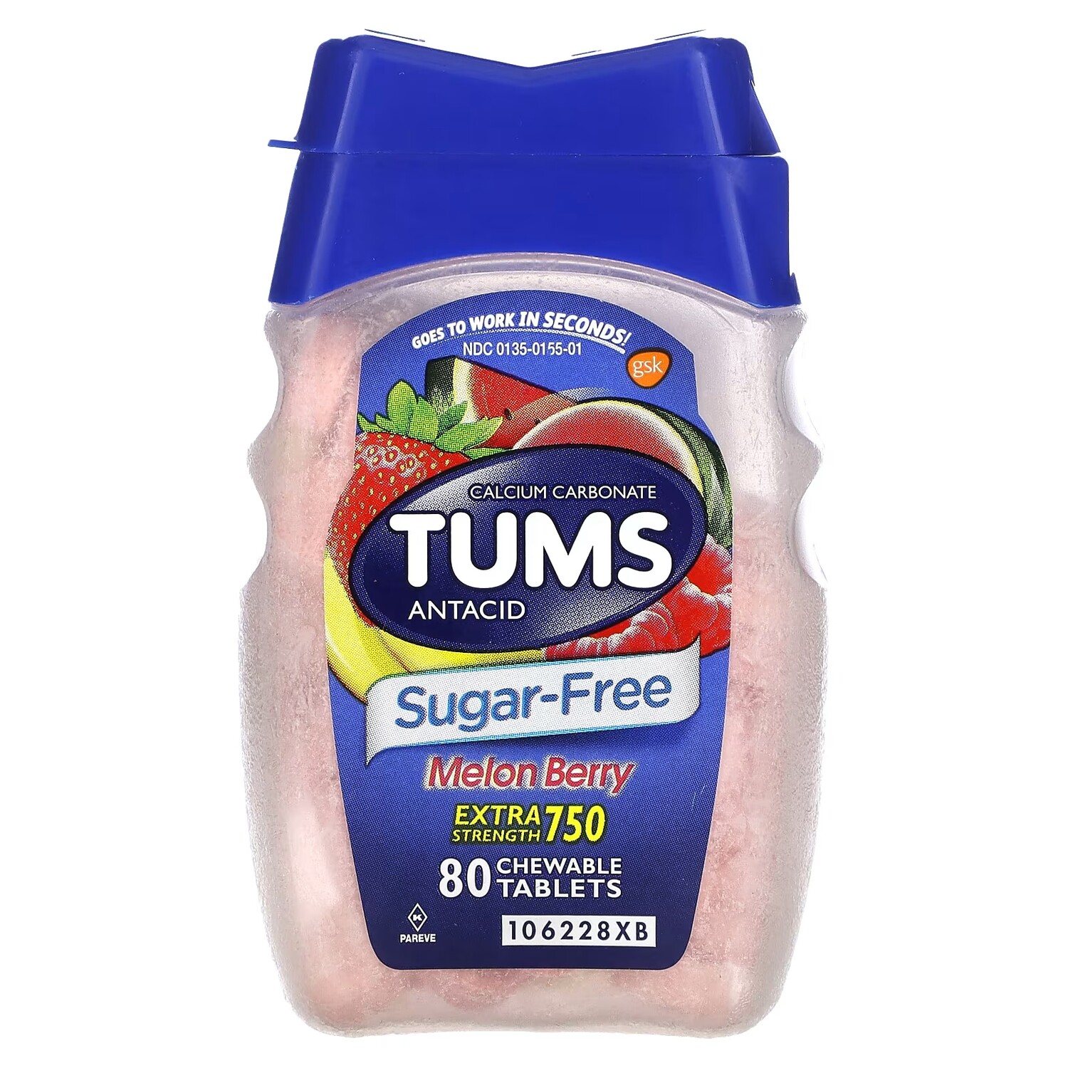

Антацид повышенной прочности Tums с ягодами и дыней, 80 жевательных таблеток