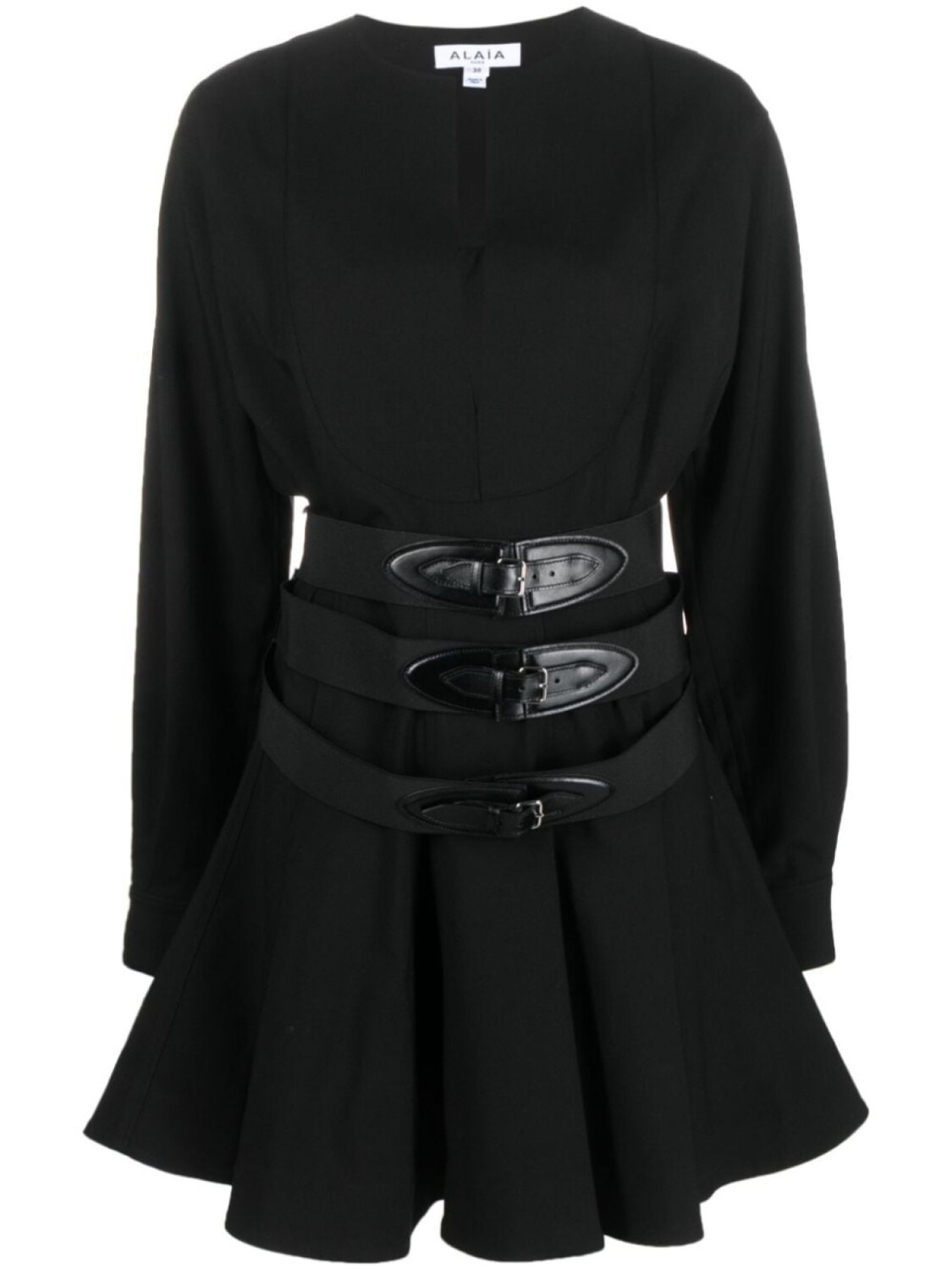 

Alaïa расклешенное платье мини с длинными рукавами и поясом, черный