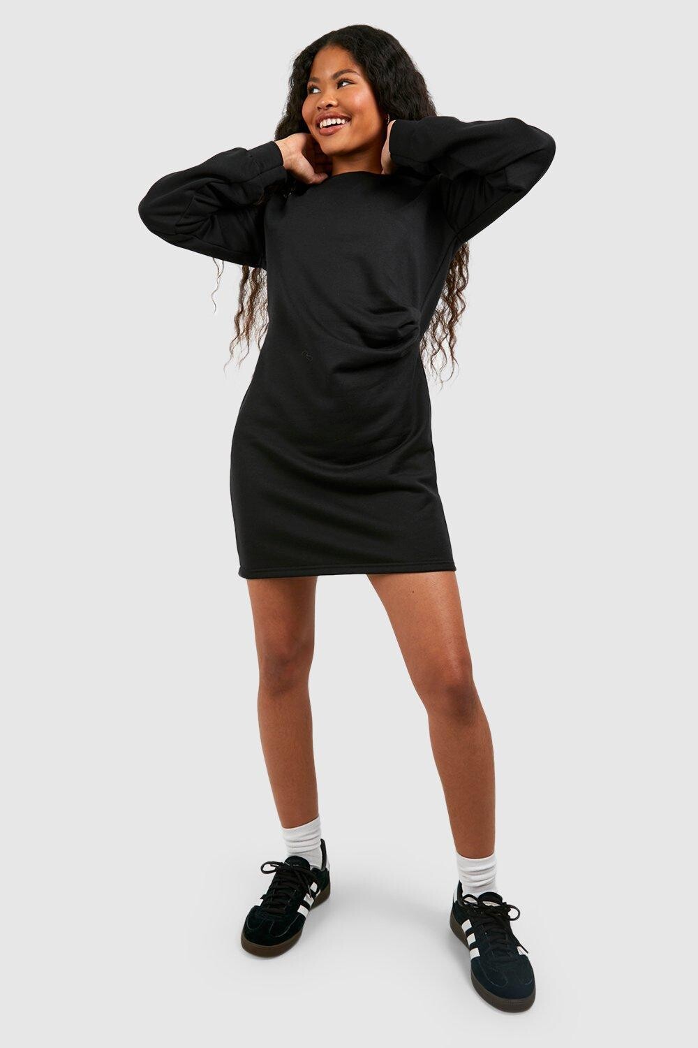 

Платье-джемпер миниатюрного размера со сборками на плечах boohoo, черный