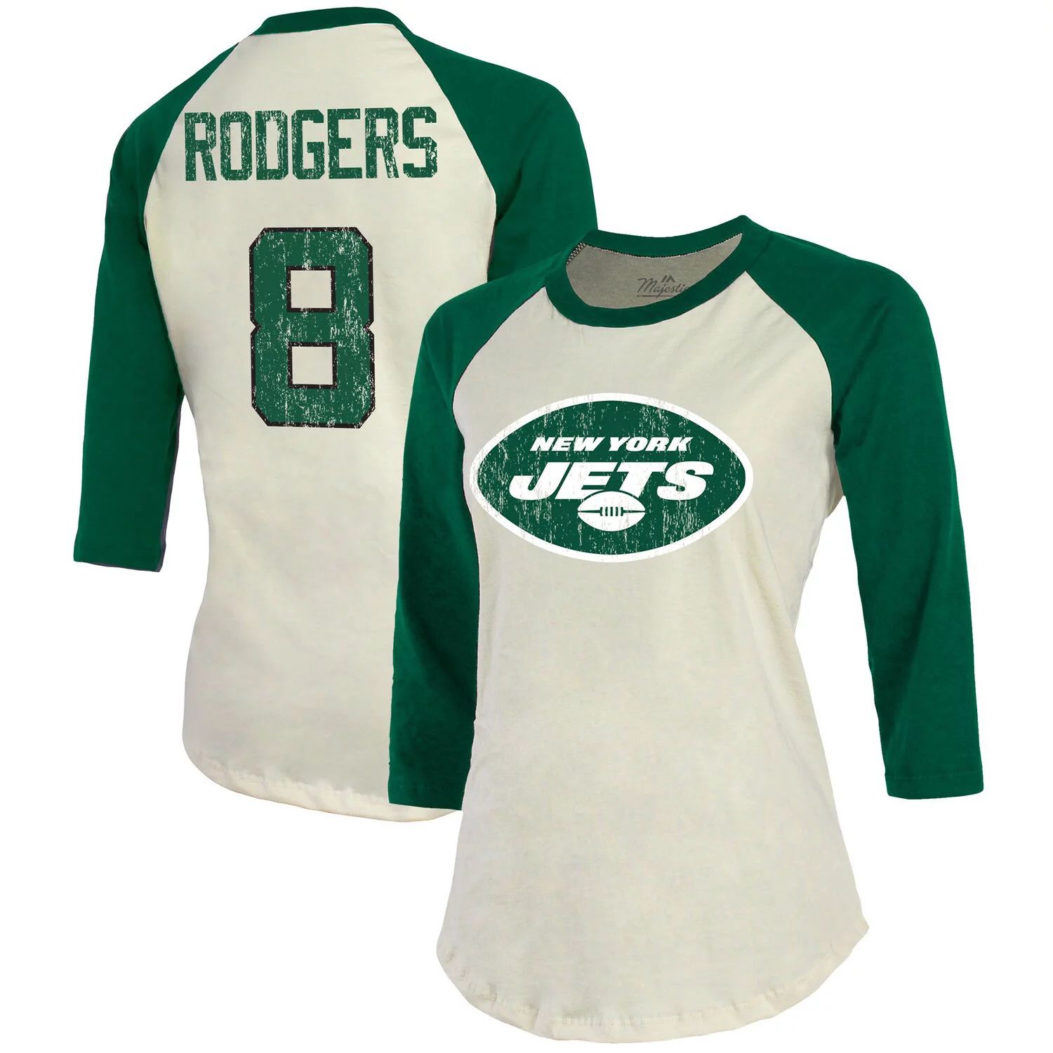 

Женская футболка Majestic Threads Aaron Rodgers Cream New York Jets с рукавом 3/4 реглан с именем и номером игрока Majestic