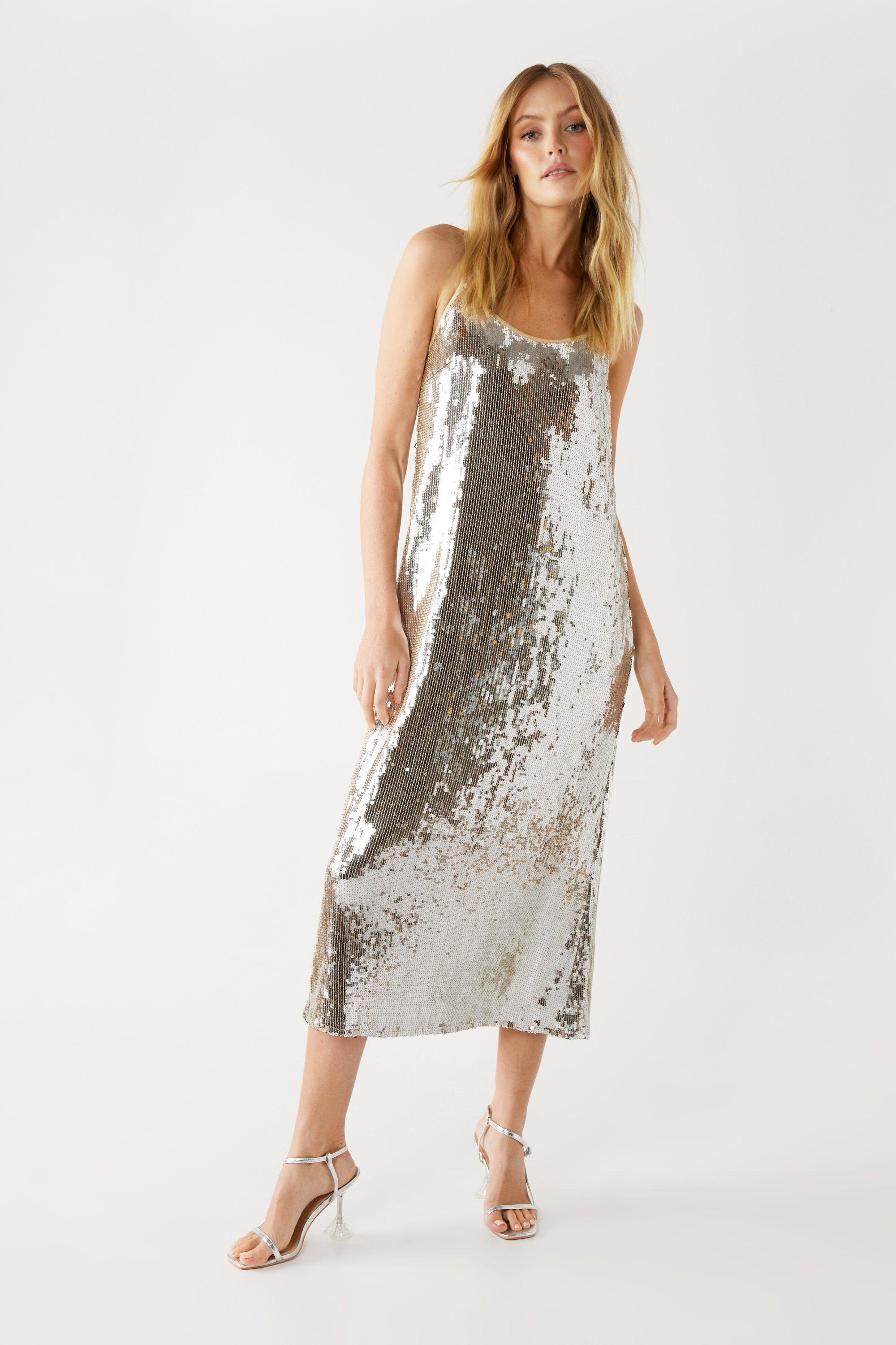 Платье миди на бретельках с пайетками Warehouse, серебро фото