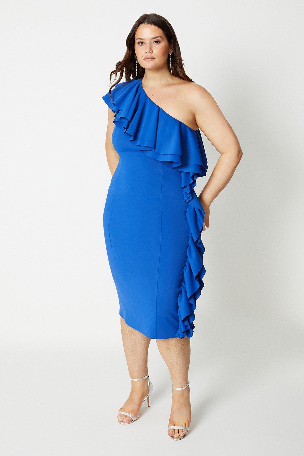 Платье-карандаш на одно плечо с оборками и аквалангом больших размеров Coast, синий