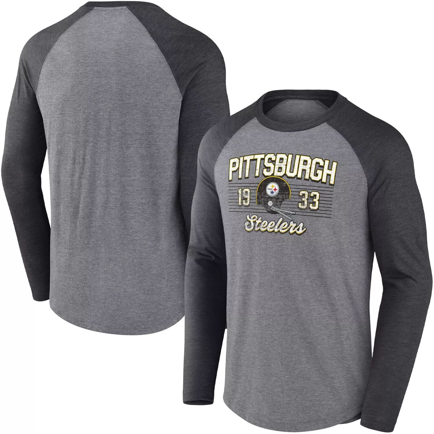 

Мужская повседневная футболка Fanatics с принтом серого/угольного цвета с принтом Pittsburgh Steelers Weekend Tri-Blend реглан с длинным рукавом, Серый