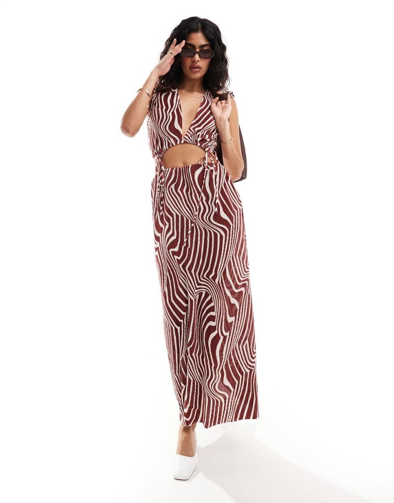 

Бордовое плиссированное платье с вырезом и завязкой на талии ASOS DESIGN