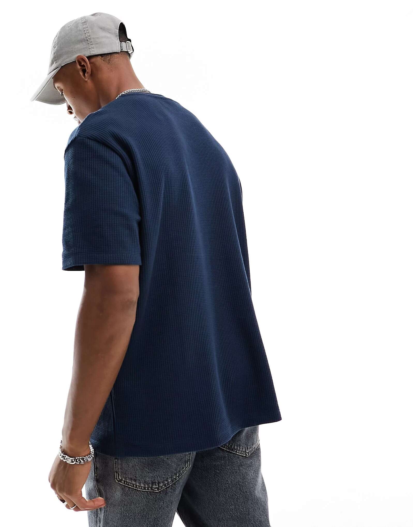 Темно-синяя футболка свободного кроя с вафельным вырезом и подвязанным воротником ASOS