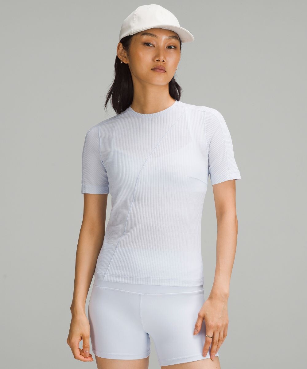 

Асимметричная хлопковая футболка в рубчик Lululemon, синий