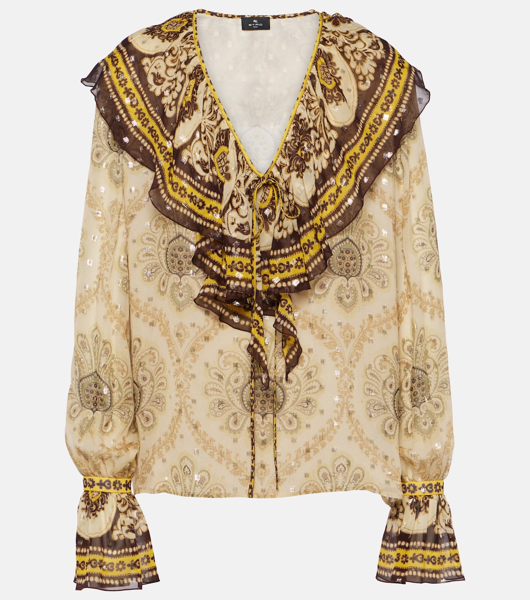 Блузка из смесового шелка с оборками и узором пейсли Etro, золото